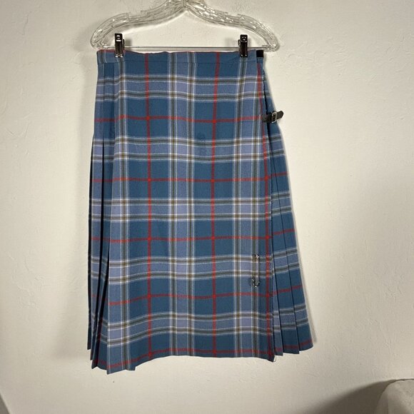 Glenisla Classics Women Plaid Tartan Kilt Skirt Size 14 Wool Blend Blue Scotland - Picture 1 of 6
